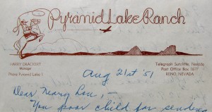Pyramid Lake Ranch Letterhead, circa 1951